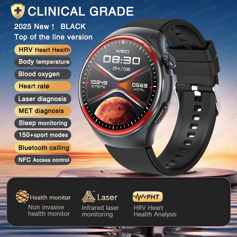 2025 Neue Krankenpflege Gesundheit Laser Heilung Blutdruck Smartwatch Herren Herzfrequenz Puls Schlaf Bluetooth Anruf Körpermonitor Smartwatch Black Silicone
