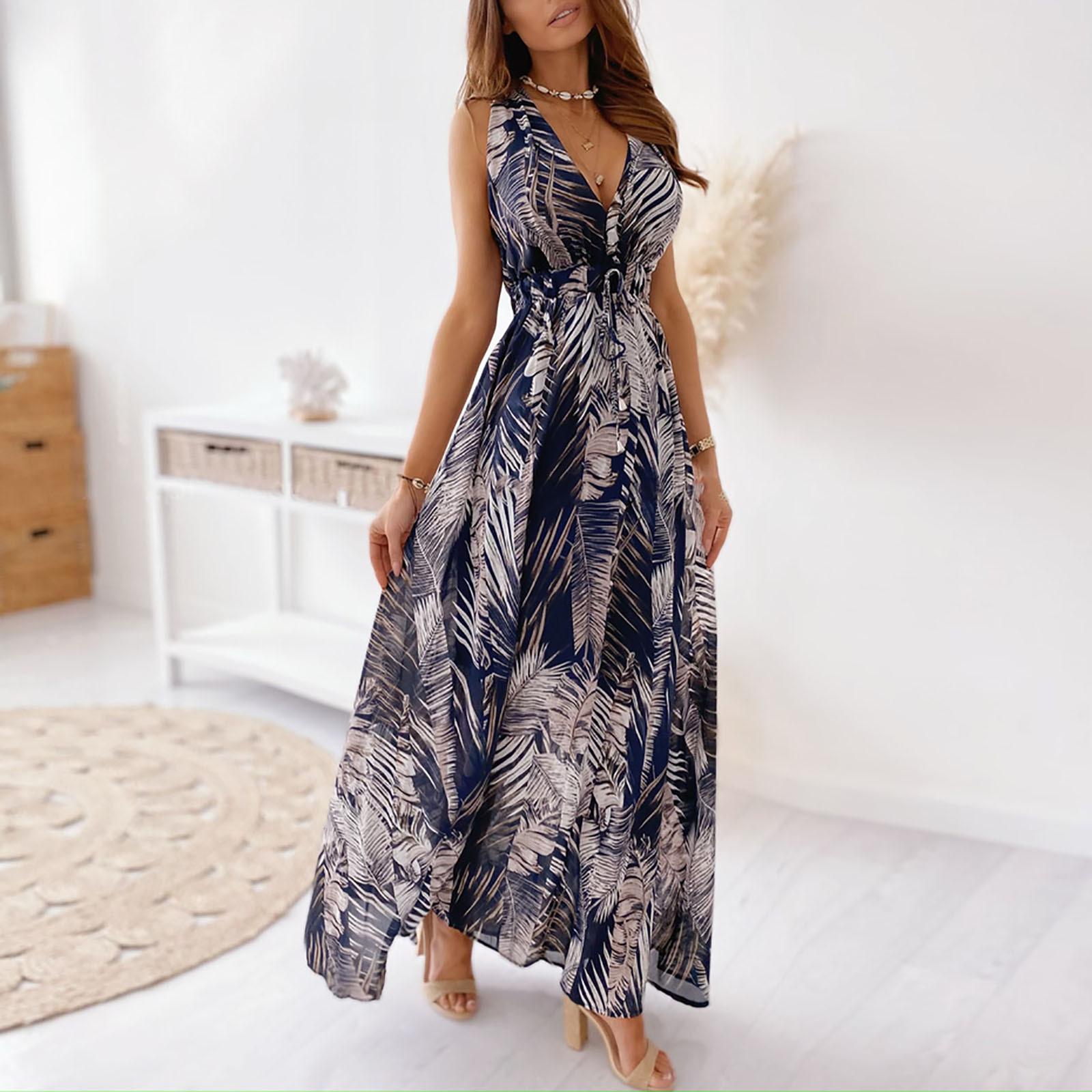Lässige Sommerkleider für Damen, Neckholder-Maxikleid, Damen, V-Ausschnitt, Partykleidung, langes Kleid, bedruckt, Strandkleidung, ärmellose Kleider S blau