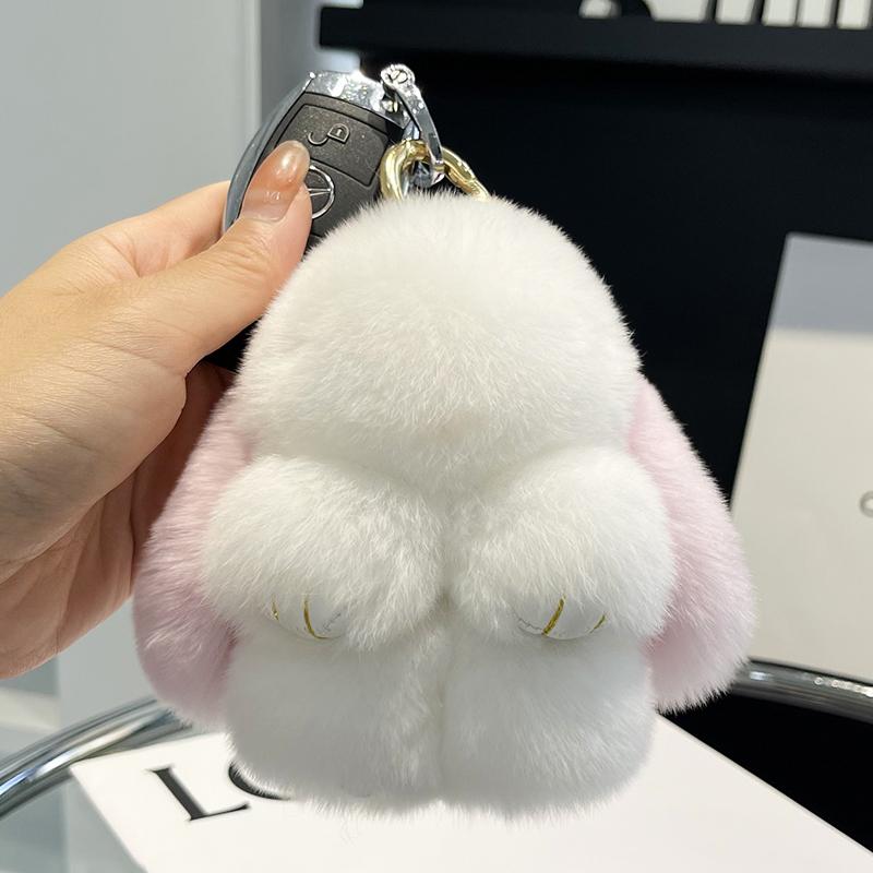 Mini Niedlicher Echter Rex-Kaninchenfell-Hase Schlüsselanhänger Spielzeugpuppe Schlüsselanhänger Tragetaschen-Anhänger 10CM Fellhase Schlüsselanhänger Auto-Anhänger white