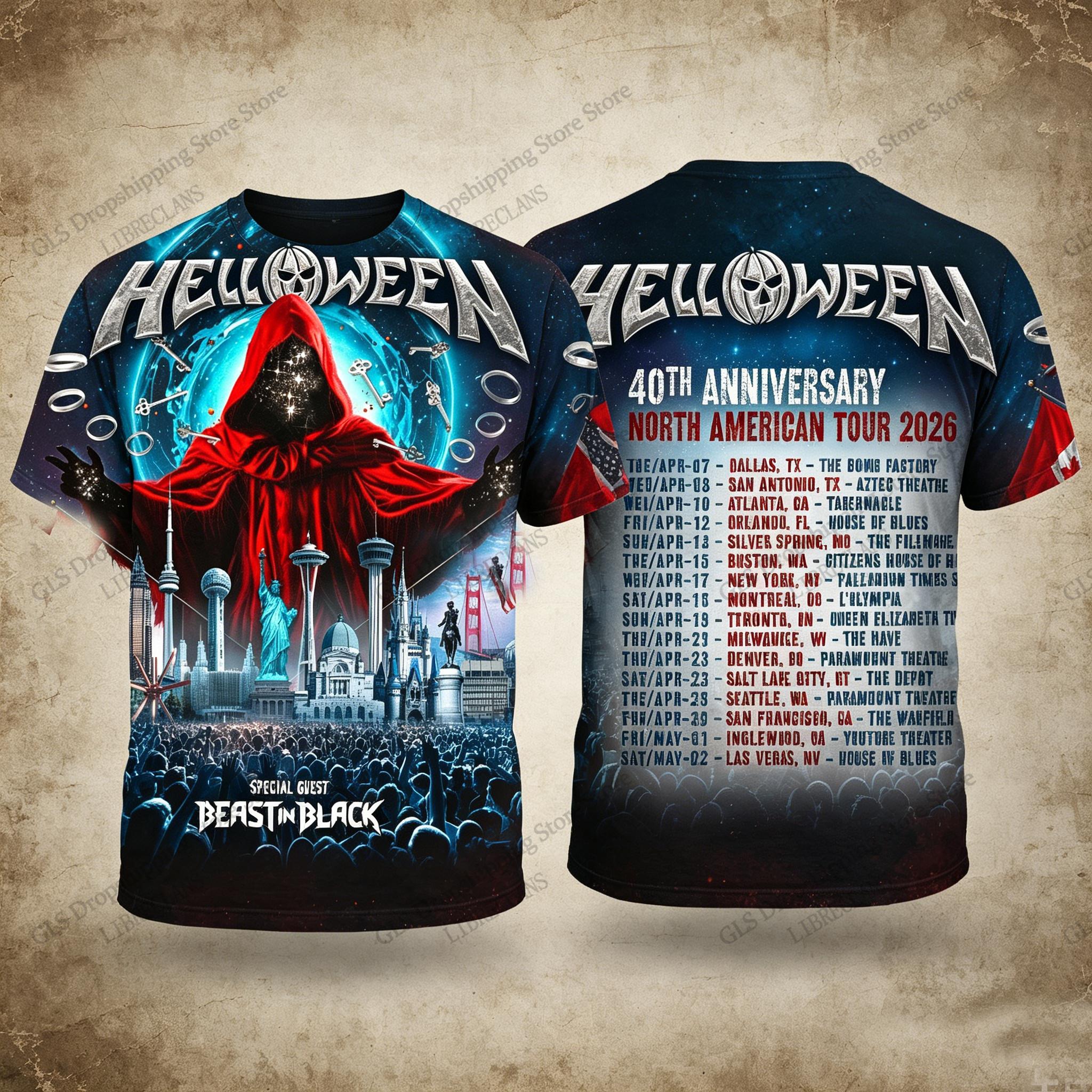 Vintage Helloween Rock Band Tour 3D Druck T-Shirt Herren Damen Mode Halloween Kurzarm Oberteile T-Shirts Kinder T-Shirt Unisex Kleidung 2XL gray