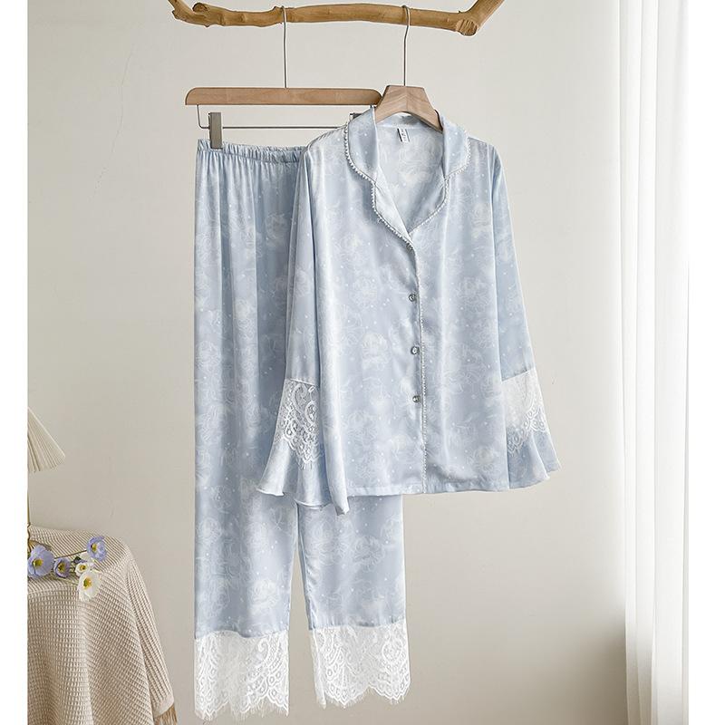 Pyjamas Seidensatin Langarmhemden Hauskleidung Lässige Bedruckte Pyjamas Damenunterwäsche Hauskleidung XL blau