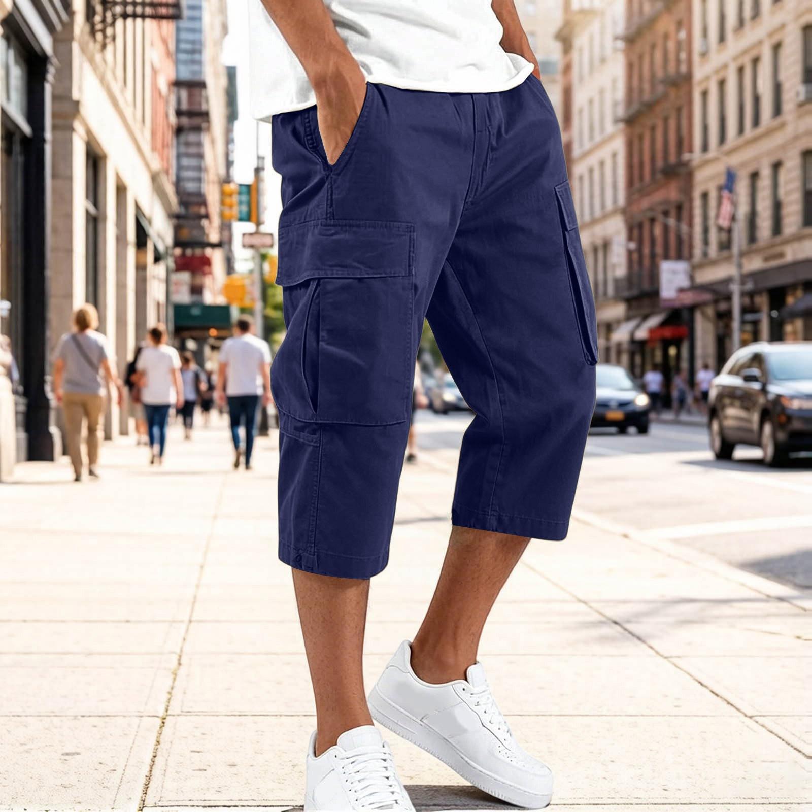 Herren Freizeit Capri-Hose mit Kordelzug und mehreren Taschen, lockere Passform, knielang, Utility Cargo-Hose für Outdoor und Alltag L dunkelblau
