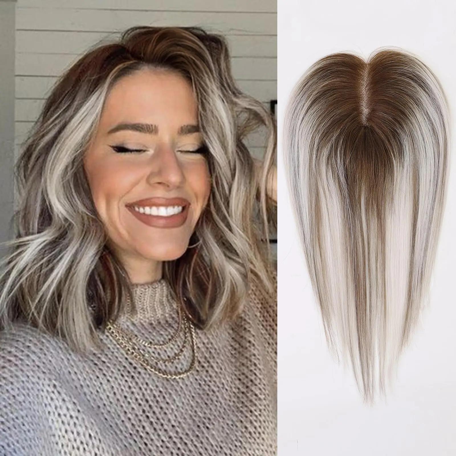 HAIRCUBE Topper aus 100 % Remy-Echthaar, Seidenbasis, Clip-Stücke, Braun, Ombre, Grau, Asche, Weiß, Haar-Topper in Haarverlängerung für Frauen bei Haarausfall