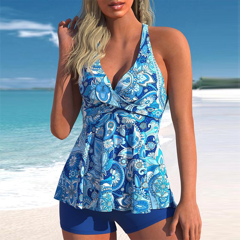 Plus Size Damen Blumen-Tankini, Bauchweg-Bademode, Tank-Top, Retro-bedruckter Badeanzug, zweiteiliger Badeanzug 5XL blau