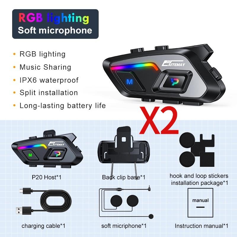 P20 Bluetooth 5.3 Motorradhelm-Headset Musik Interphone Radfahren Bluetooth-Headset Wasserdicht 300m Intercomunicador Lautsprecher Kopfhörer 2Pcs Soft Mic