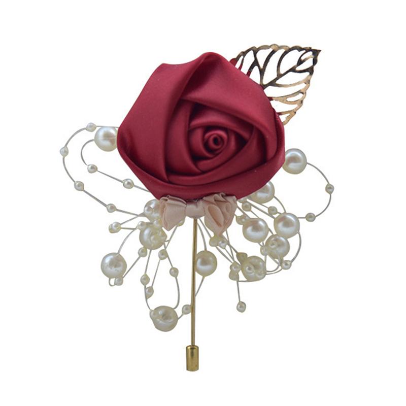 Boutonniere Anstecknadeln Hochzeit Corsage Anzug Knopfloch Seide Rosen Gold Blätter Männer Frauen Brosche Blumen Mariage Zubehör rot