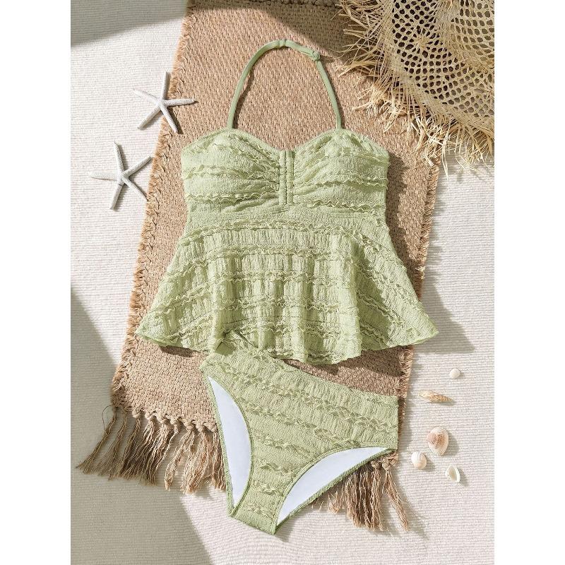 Hohelastischer Rippen-Spezialstoff Mädchen Tankini Zweiteiler Mädchen Badeanzug Kinder Badeanzug 15-16Y beige