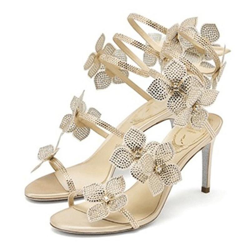 Damen High Heels Sandalen Luxus Designer Strass High Heels Sandale Sexy Kristall Gladiator Sandalen für Damen Partykleid Pumps 38 goldgelb