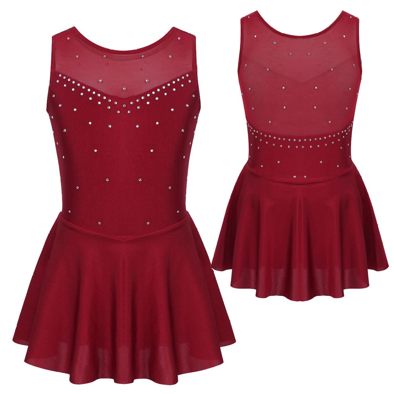 Ärmelloses Ballett-Tanz-Trikot-Kleid, weiches glitzerndes Strass-Tüll hinten, Eiskunstlauf-Gymnastik-Kostüme, Tutu-Rock 13-14 Years bordeaux