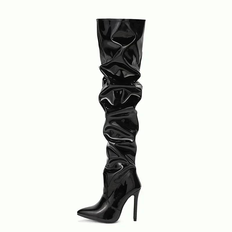 Mode Overknee-Stiefel Damenmode Spitzschuh Schwarz Seitlicher Reißverschluss Dünne High Heels Weibliche Glänzende Plissee High Heel Botas 2024 41 schwarz