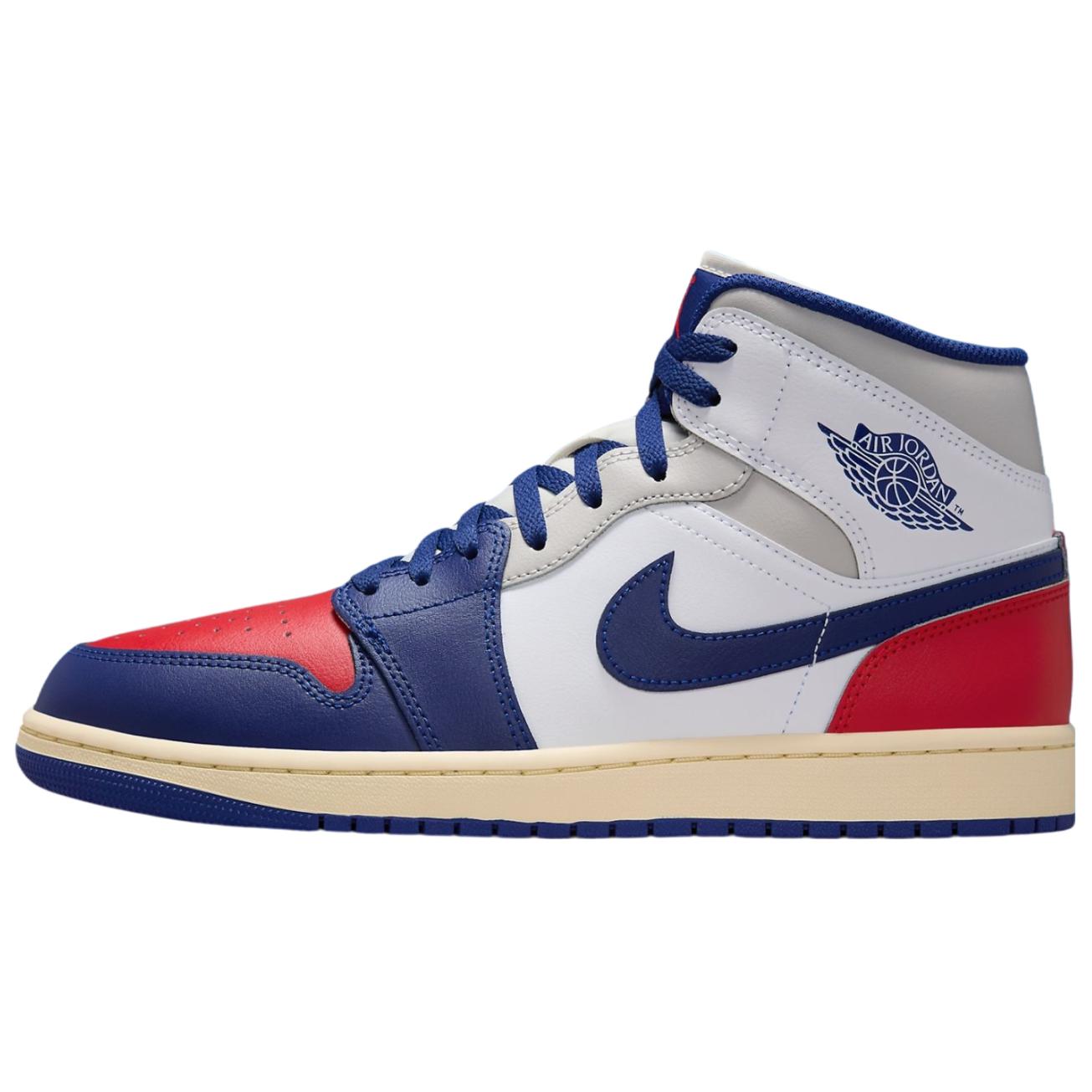 Air Jordan 1 Mid Rare Air Unisex-Sneaker Weiß Tiefes Königsblau Universitätsrot DQ8426-102 46
