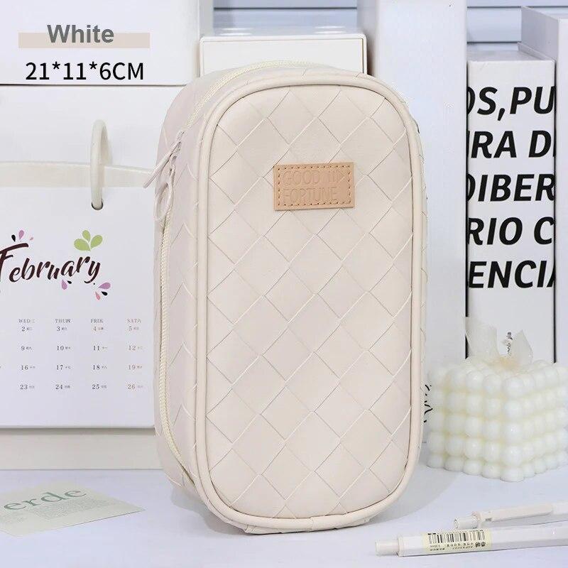 Leder-Federmäppchen, großes Fassungsvermögen, tragbare Stiftbox, Bleistiftbeutel, Schreibwaren-Aufbewahrungstasche, Schulbedarf beige