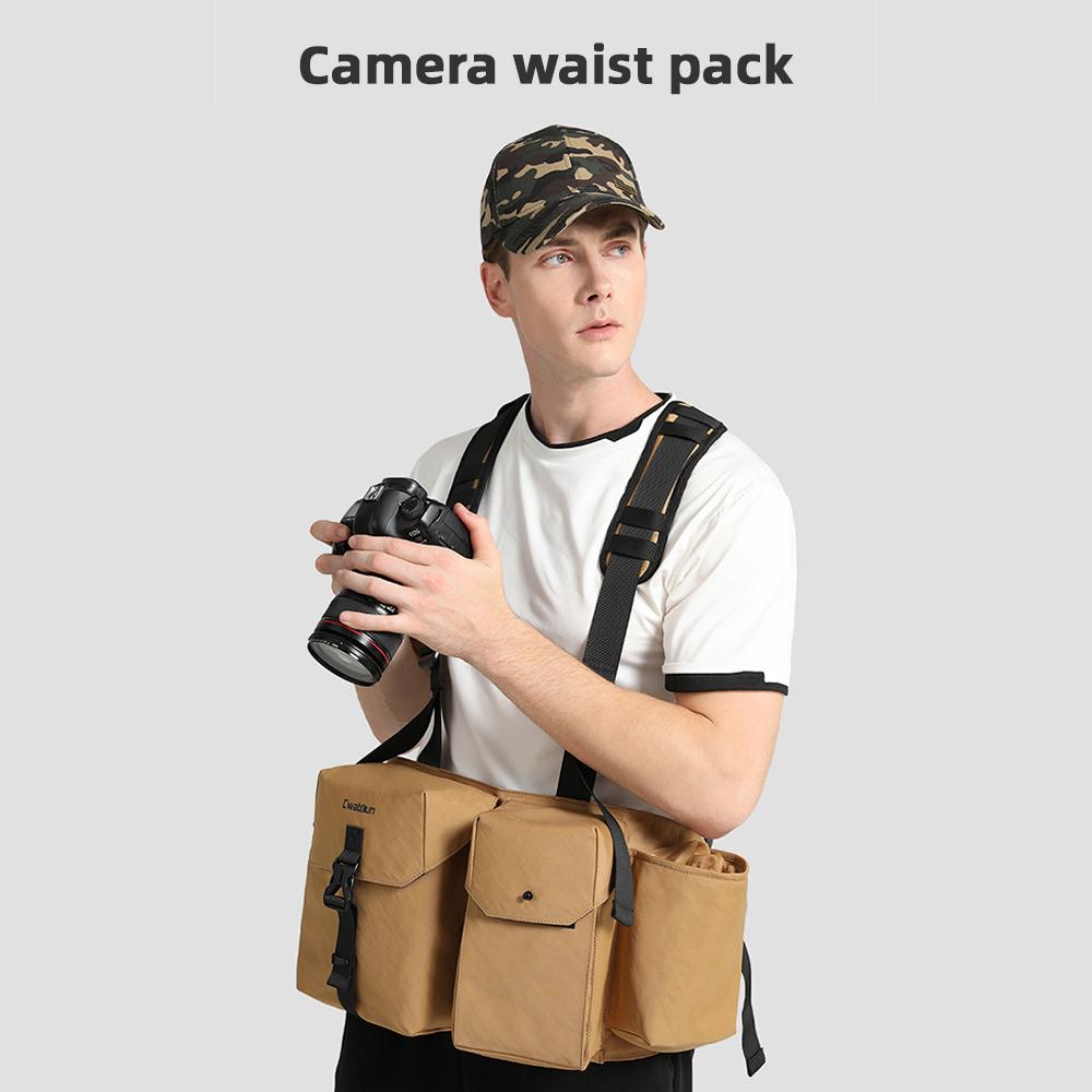 Cwatcun D104 Kamera-Geschirr Brusttasche Kamera-Weste Kameratasche Kamera-Hüfttasche Wasserdicht für DSLR-Kameragehäuse Objektiv khaki