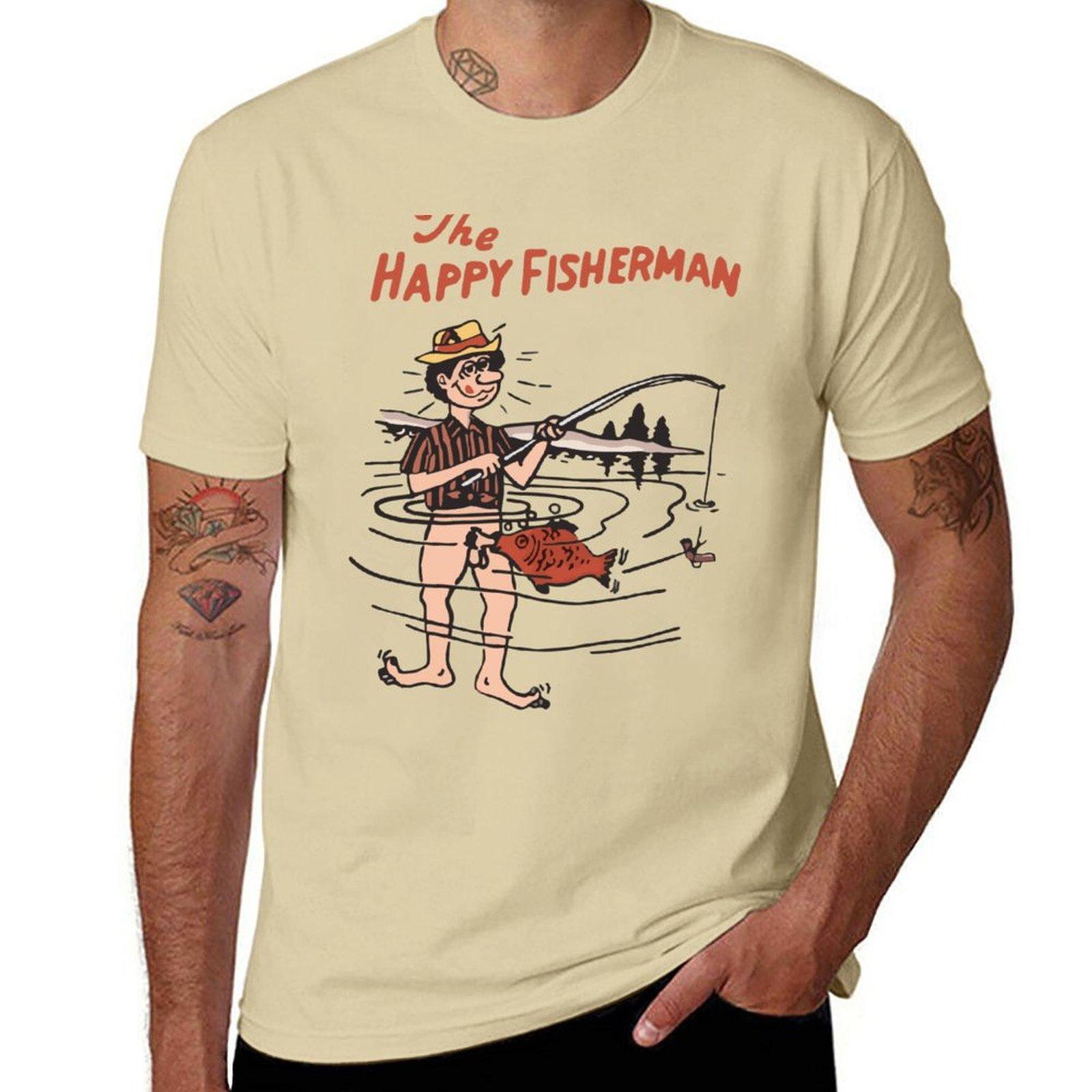 Neues The Happy Fisherman T-Shirt lustige T-Shirts personalisierte T-Shirts Grafik-T-Shirt Trainingsshirts für Männer L beige