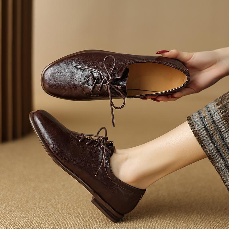 Mode 2025 Neu Frühling Echtes Leder Damen Schuhe Runde Zehen Pumps Schuhe für Damen Slipper Damen Schuhe Retro Oxford 40 braun
