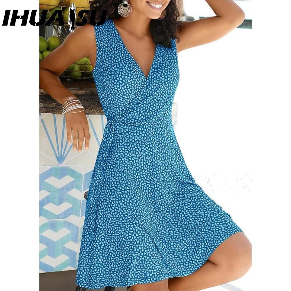 IHUASU Gepunktetes Kleid Damen Ärmellos Bandage Strandkleid Sommer Böhmische Kleider für Damen Lässige V-Ausschnitt Kleider Damenrobe M blau