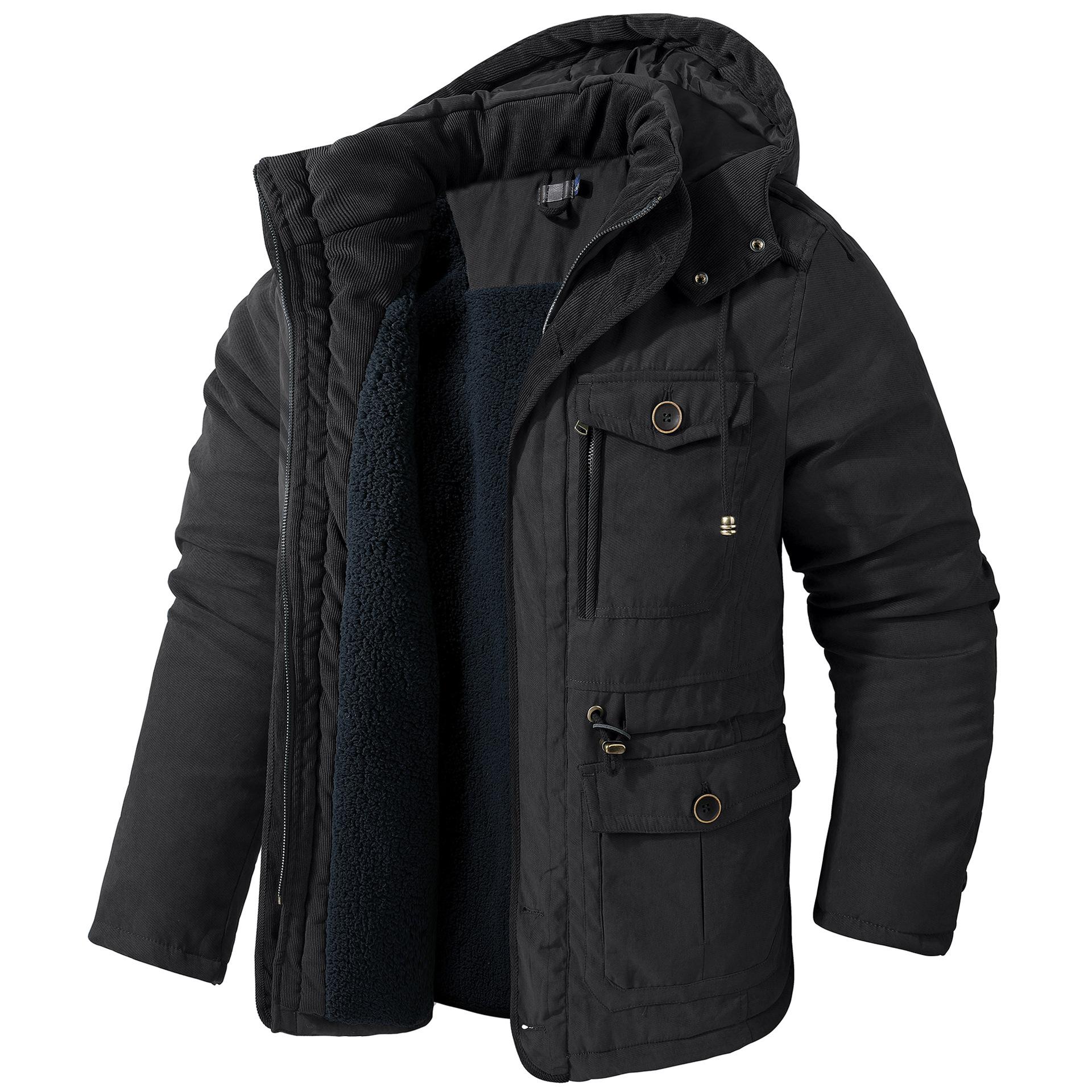 Winter Fleece Parkas Männer Warme Winddichte Jacken Dicke Kapuze Parka Mantel Herren Pelz Liner Oberbekleidung Lässige Baumwolle Gefütterte Jacke XXL schwarz