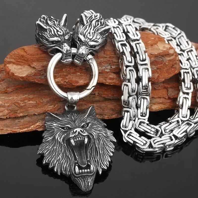 1 Stück nordische Wikinger-Wolfskopf-Edelstahl-Halskette, Herren-Königskette-Anhänger-Halskette, Vintage-Wikinger-Amulett-Schmuck, Party-Punk-Hip-Hop-Zubehör 60cm silber
