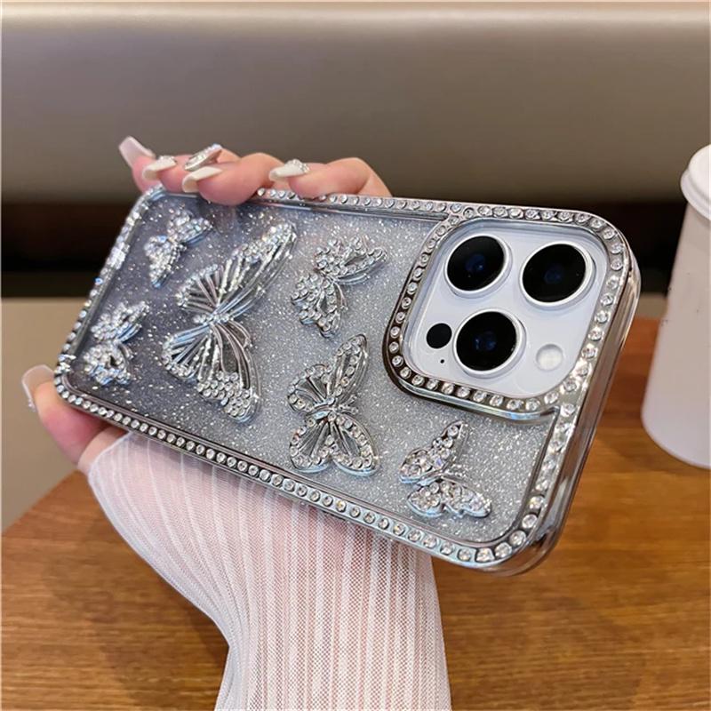 Für iPhone 17 16 Pro Max Luxus Flash Glitzer Schmetterling Beschichtung Rahmen Handyhülle Für iPhone 11 12 13 14 15 Plus 16 Pro Strass Abdeckung iPhone 14 Pro Max silber
