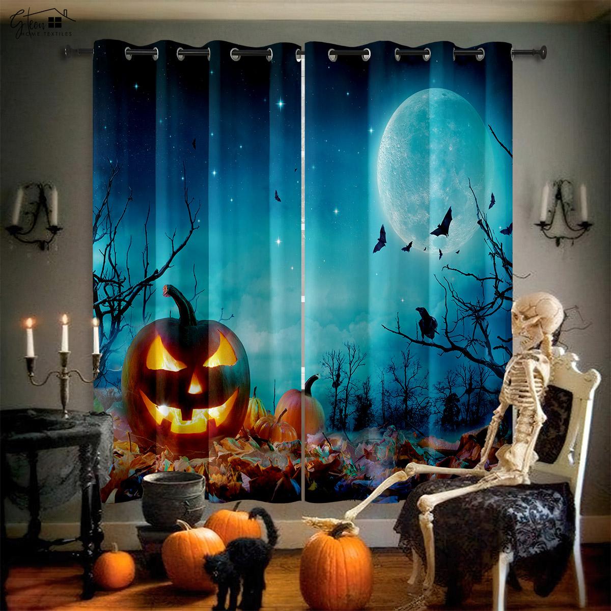 Halloween Vorhänge Horror Schloss Kürbis Klassischer Cartoon Druck Vorhänge Kinderzimmer Restaurant Party Dekoration Vorhänge W50xH160(CM)x2PCS&Rod pocket