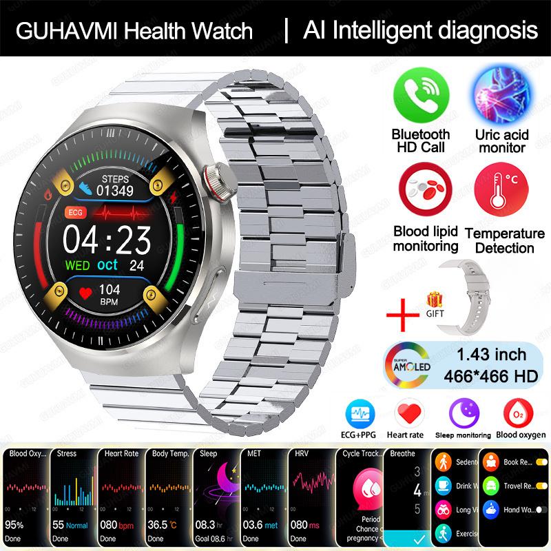2025 Neue Smartwatch in Krankenpflegequalität Blutsauerstoff Blutfett Harnsäure EKG+PPG Körpertemperatur Bluetooth-Anruf Gesundheits-Smartwatch silver-steel B