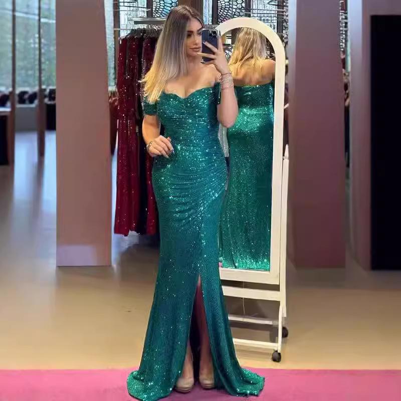 Damen-Paillettenkleid mit Schlitz - Sexy Abendkleid aus Polyester XL pfau blau