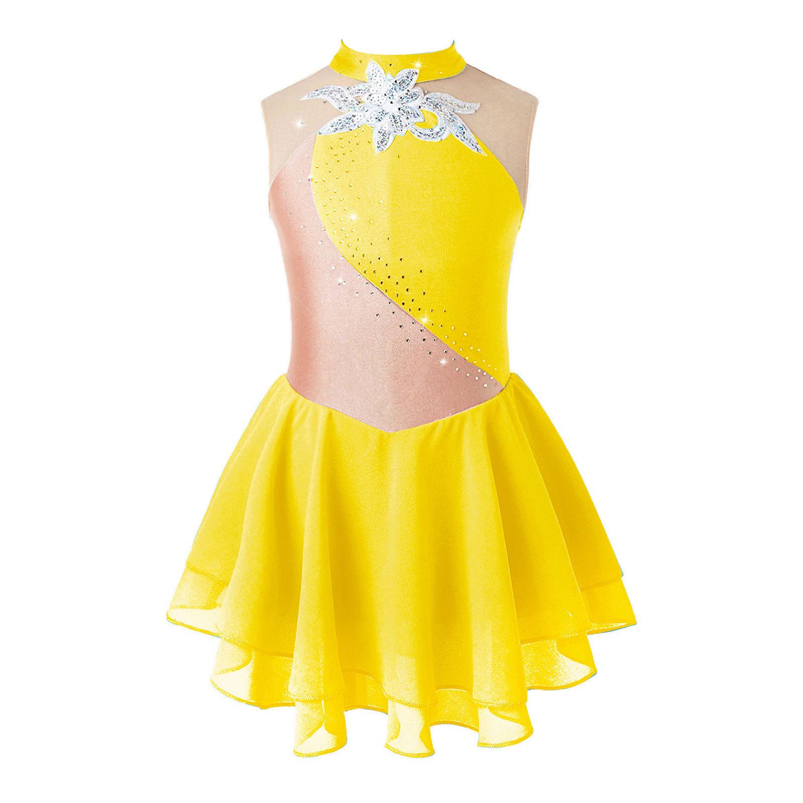 Kinder Mädchen Eiskunstlauf Kleid Strass Mesh Splice Ärmelloses Ballett Tanz Kleid Gymnastik Trikot Leistung Kostüme 9-10 Years gelb