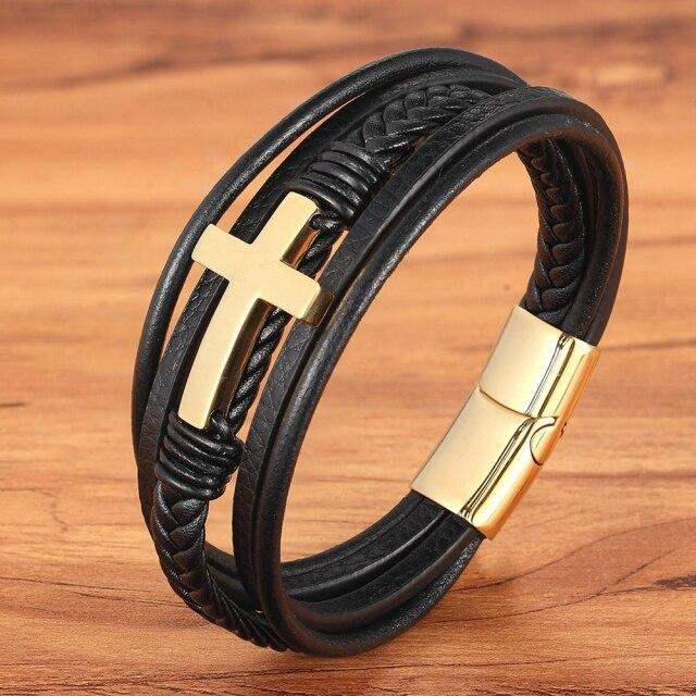 Luxuriöses mehrfarbiges Kreuz-Design, klassisches Edelstahl-Lederarmband für Herren, 19/21/23 cm. Wählen Sie schöne Weihnachtsgeschenke für Männer. 19cm gold