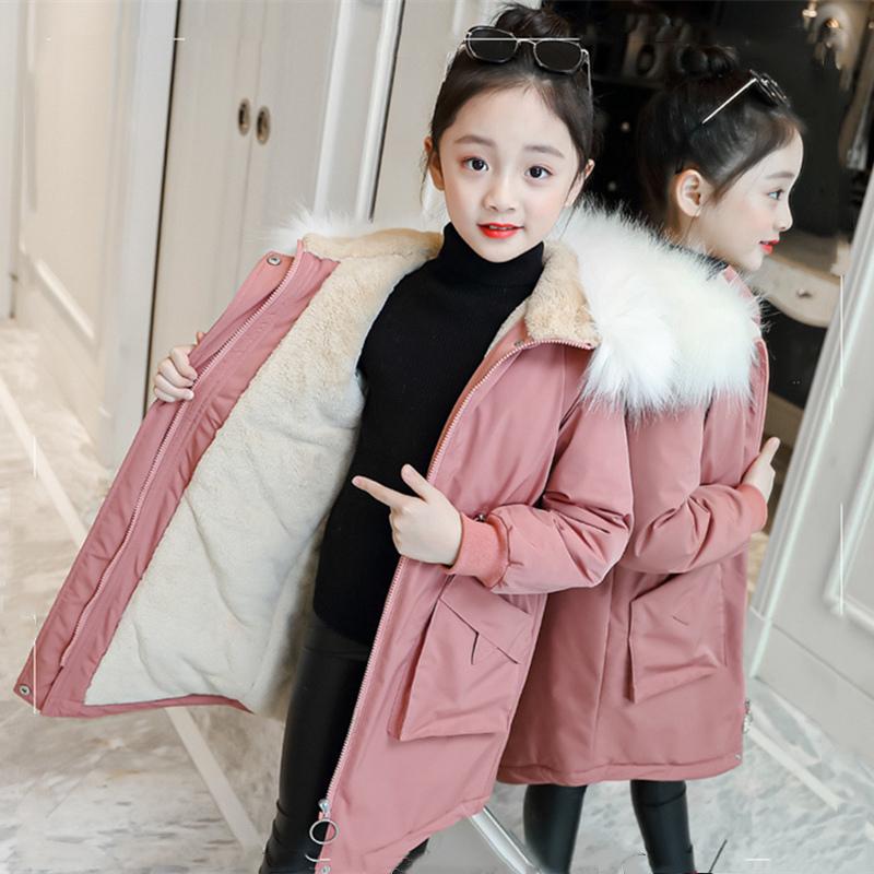 Mädchen Daunenmantel Jacke Baumwolle Outwear Mantel Pelz Warm Verdicken Plus Samt Winter Atmungsaktive Kinderkleidung 120 rosa