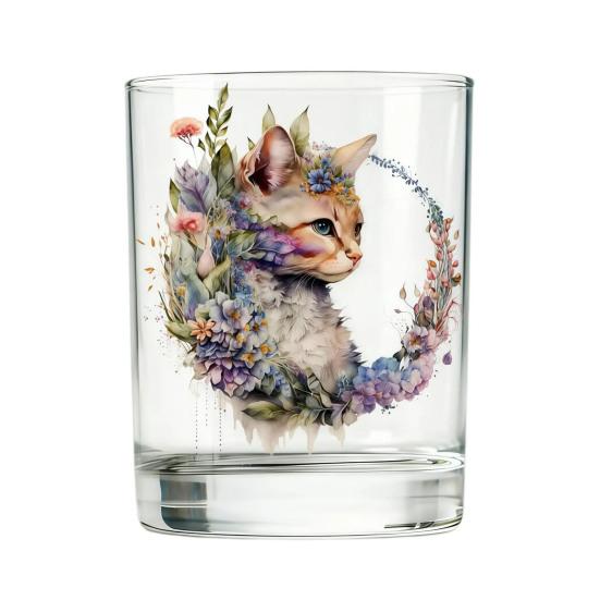 Süße Katze Blumen Glas, Saft Kaffee Tasse, Milch Tee Glas Becher, Künstlerischer Whiskey Kaffee Becher für Hausbar, Geschenk für Katzenliebhaber B
