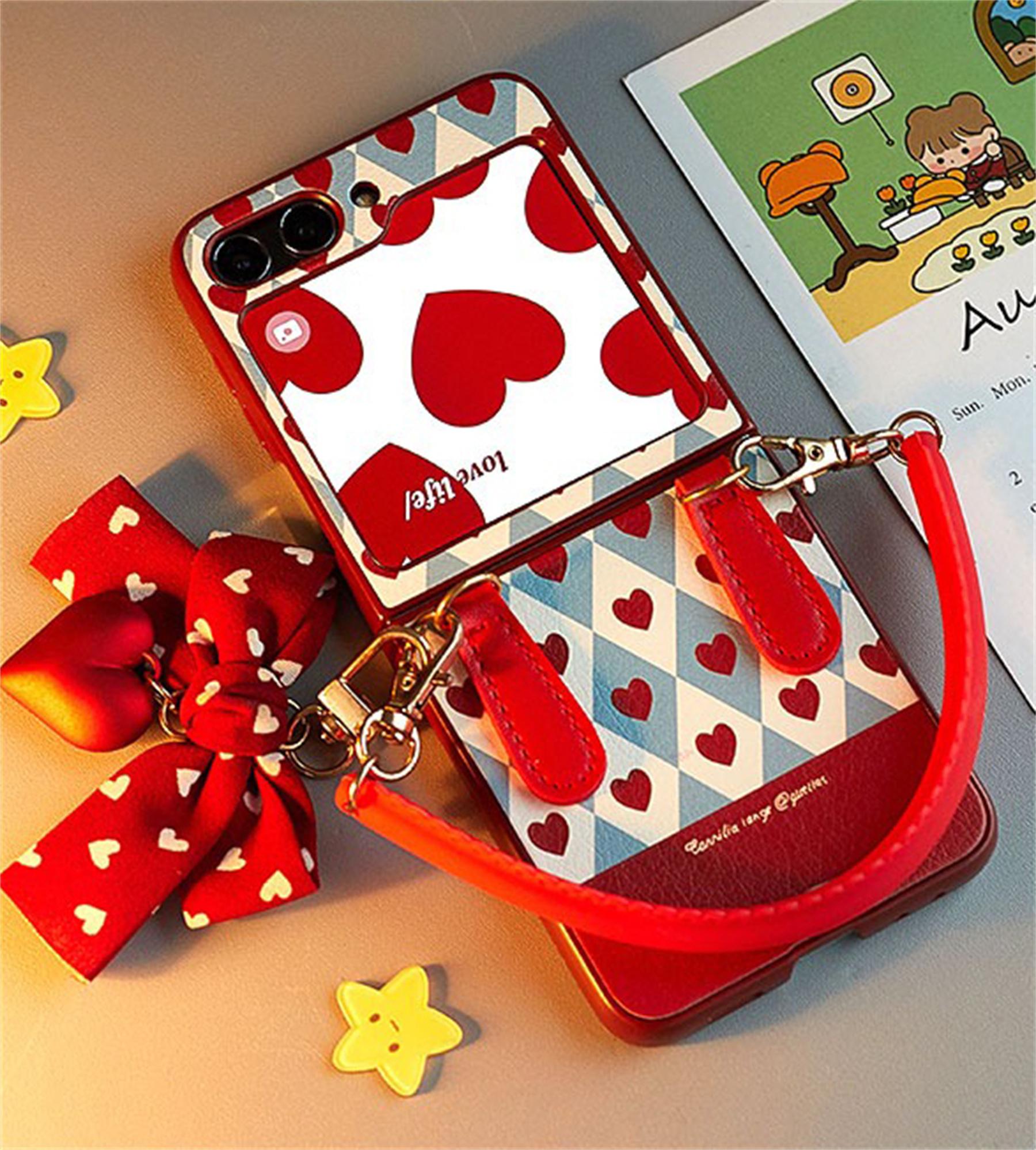 Koreanische süße Handyhülle mit Liebesherz-Schleife und Armbandkette für Samsung Galaxy Z Flip 5 6 Z Flip5 Flip6 Flip 4 Rückseite for Z Flip 5 white