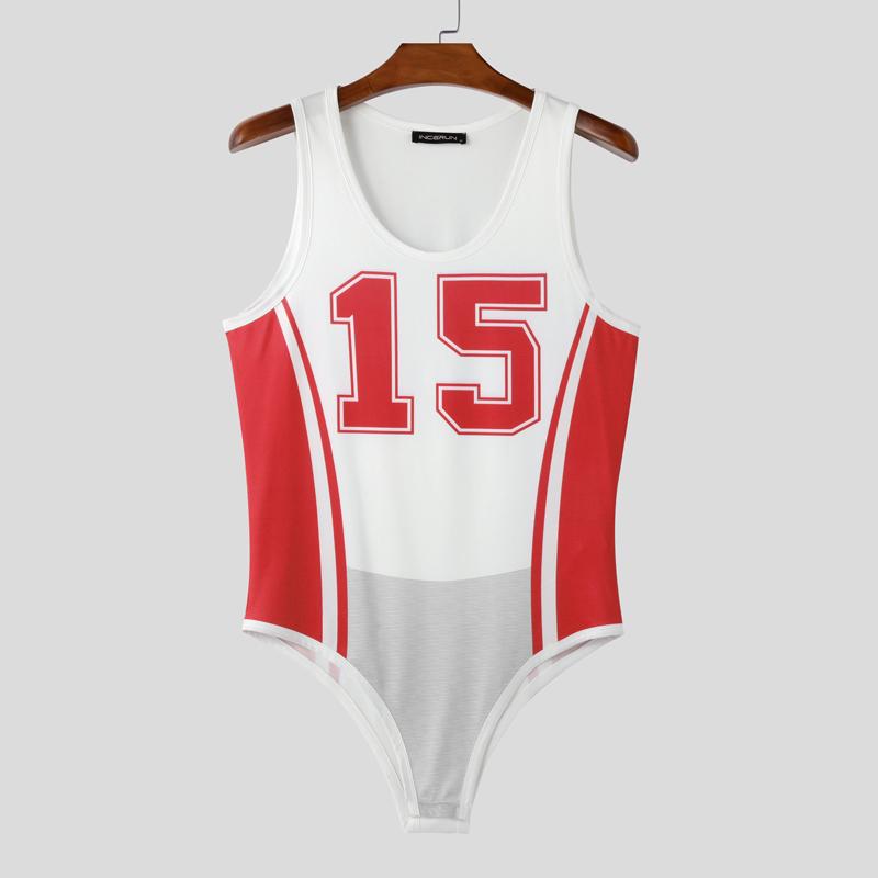 INCERUN Männer Ärmellose Brief Drucken Ausgestattet Overalls Strampler Bodys Homewear S rot