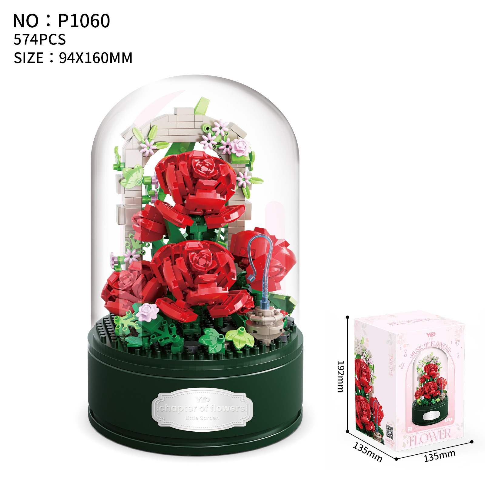 Super romantische rote Rose Spieluhr Bausteine drehen spielen Musik Geburtstagsgeschenk für Liebhaber Rose music box-574Pcs