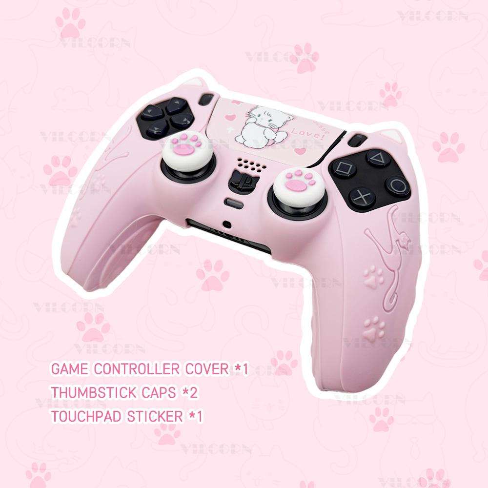 Silikonhülle Set für PS5 Controller Rutschfest Staubdicht Schutzhülle Abdeckung mit Daumengriffkappen Controller Skin Katzenpfote Aufkleber