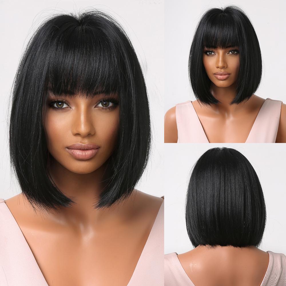 Braune Bob-Synthetik-Perücken, kurze gerade Damen-Perücken mit vollem Pony für schwarze Frauen, Afro-Party, Cosplay, natürliche Perücke, hitzebeständig Wig-LC2049-1