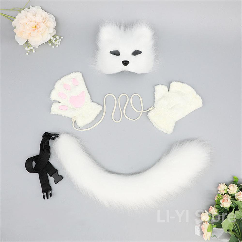 Süße Plüsch-Fingerlose Handschuhe Tier Kunstpelz Fuchsschwanz Masken-Set Cosplay Zubehör Plüschmaske Fuchsschwanz Handschuhe Cosplay Party 1 set