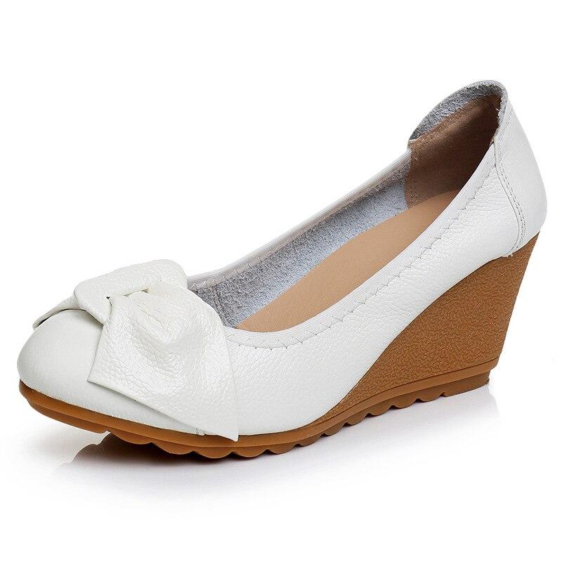 100% echtes Leder High Heels Frauen Keil Schuhe Casual Frau Schuhe Elegante Damen Keile Weiche Bequeme Weibliche Schuhe 36 weiß
