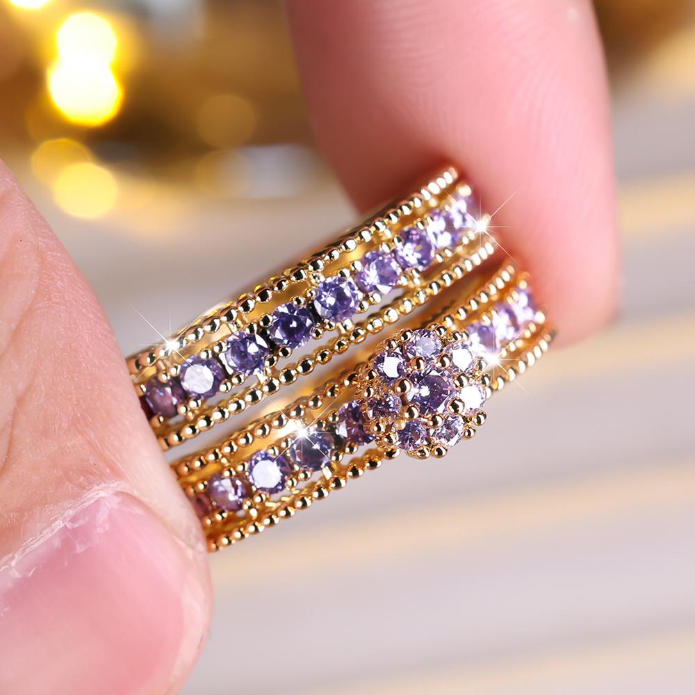 Modisches 2-teiliges Set mit blumenförmigen Zirkonia-Ringen für Frauen, luxuriöse, elegante Verlobungsringe, Party-Schmuckgeschenke 9 gold/violett