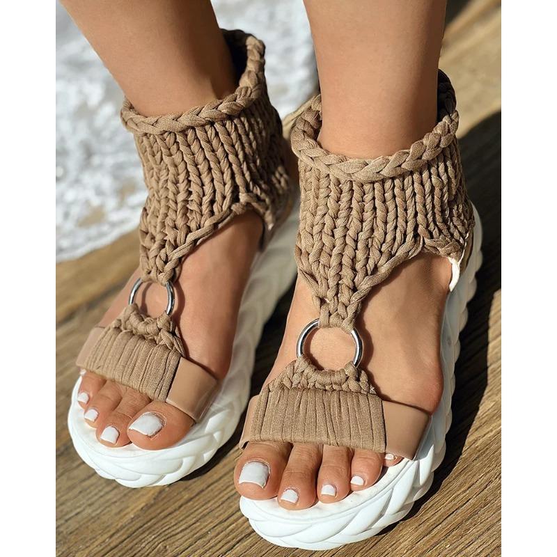 Sandalen Damen Sommer Damenmode Sexy Strandbekleidung Flache Schuhe Einfarbig Geflochten Strick O-Ring Ausschnitt Plateausandalen 35 braun