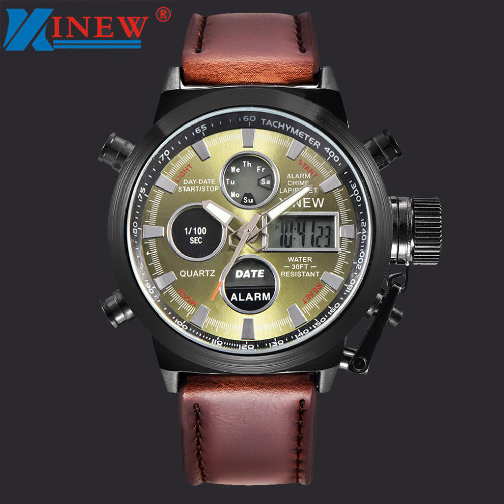 Herren-Armbanduhr, Quarz, Sport, Militär, Armee, LED, analog, Edelstahl braun/gold