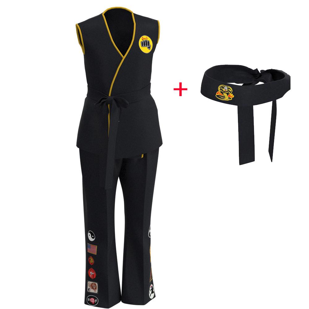 Karate Kids KOF Cobra Kai Cosplay Kostüm Kind Erwachsener Schwarz Weiß Kimono Uniform Stirnband Anime Halloween Party Anzug Trainingsanzug as the picture-150-160cm&Cobra Kai