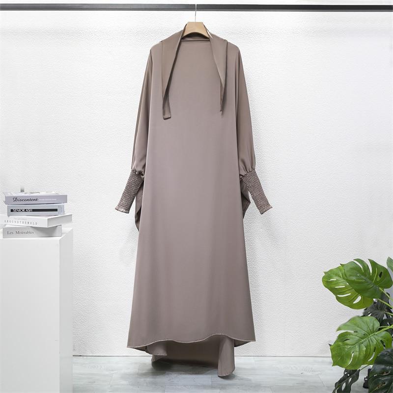 Einteiliges Gebetskleid mit Kapuze und gesmokten Ärmeln, Jilbab für Frauen, islamische Kleidung, Dubai, Saudi-Arabien, schwarze Robe, türkische Bescheidenheit One Size khaki