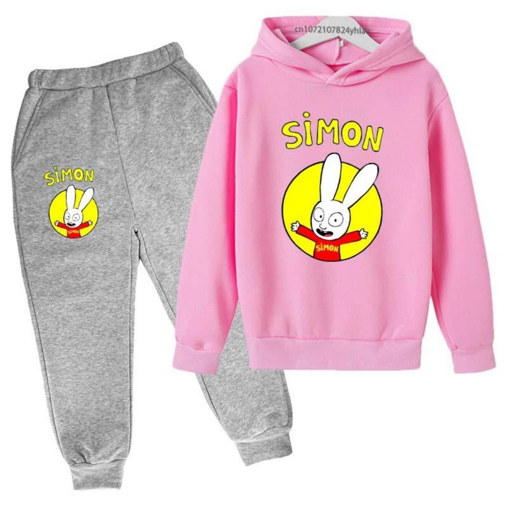 Cartoon-Hase Simon Aufdruck 2-teiliges Set Hoodie+Hose Kinder Frühling Herbst Freizeit Trainingsanzüge 2-10 Jahre Jungen Mädchen Streetwear Kleidung Sets 160 pink