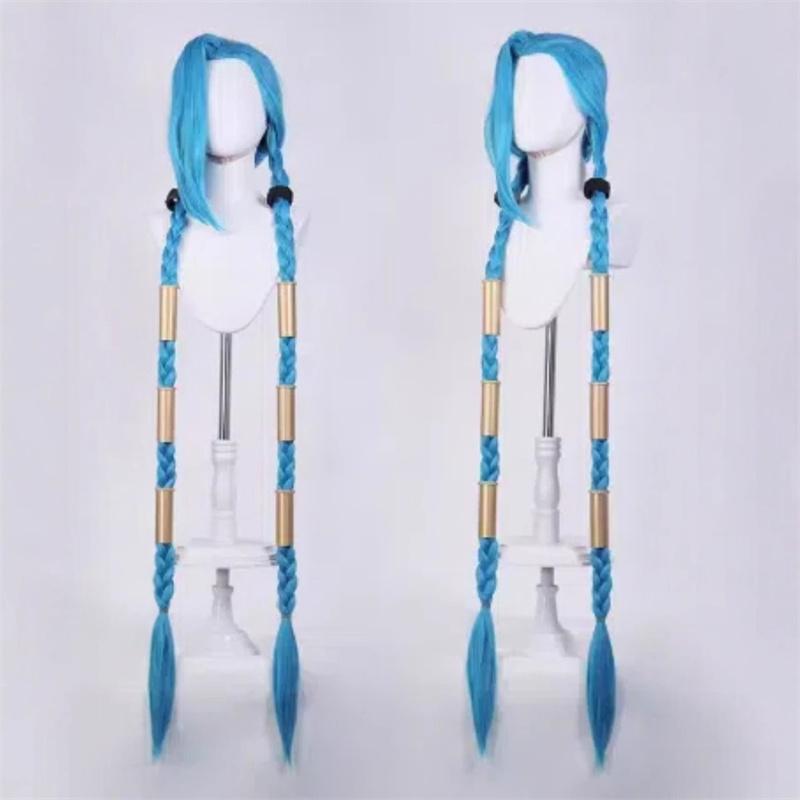 Hochwertige LOL Jinx Cosplay-Perücke, lang, geflochten, blau, The Loose Cannon, geflochten, hitzebeständig, Kunsthaar, Anime-Perücken + Perückenkappe One Size white