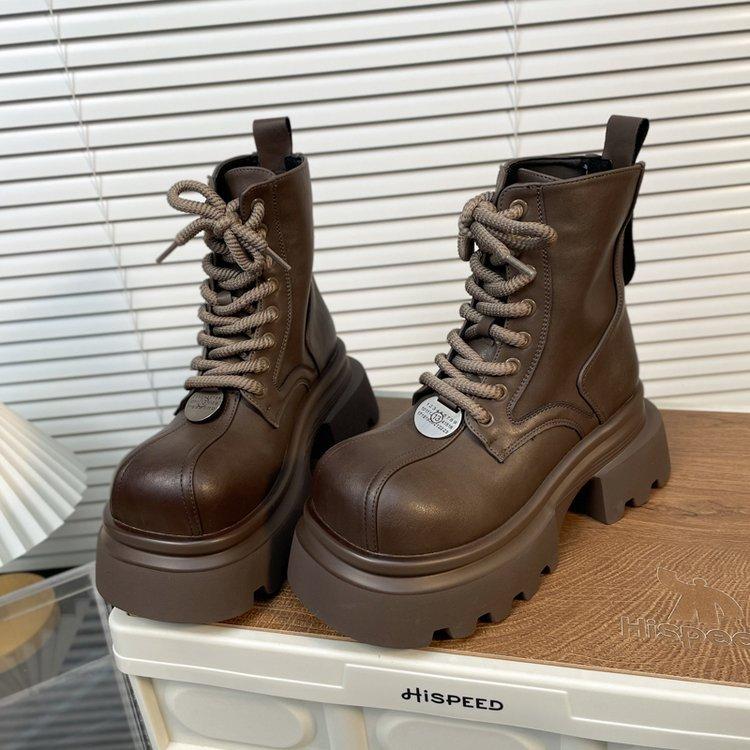 Modische und bequeme Stiefel mit dicker Sohle, Damen-Biker-Kurzstiefel mit Metallplatte, Retro-Arbeitsstiefel 38 dunkelbraune