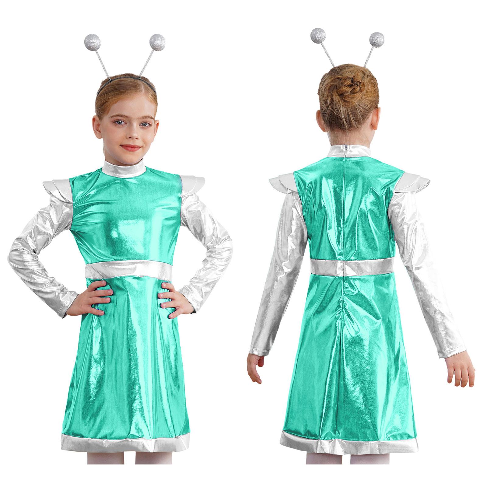 Alien Cosplay Kostüm für kleine Mädchen, Weltraum-Süßes Kostüm, metallisches Kleid mit Haarreif, Astronauten-Halloween-Party-Outfit 9-10 Years minze, grüne