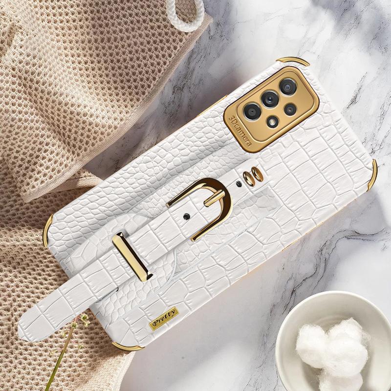 Luxus Krokodil Telefon Abdeckung Plating Leder Hand Strap Halter Fall für Samsung S24 S23 S22 S21 Ultra A15 A05 A05S a34 A54 A14 5G Telefon Abdeckung Samsung S20 Ultra weiß