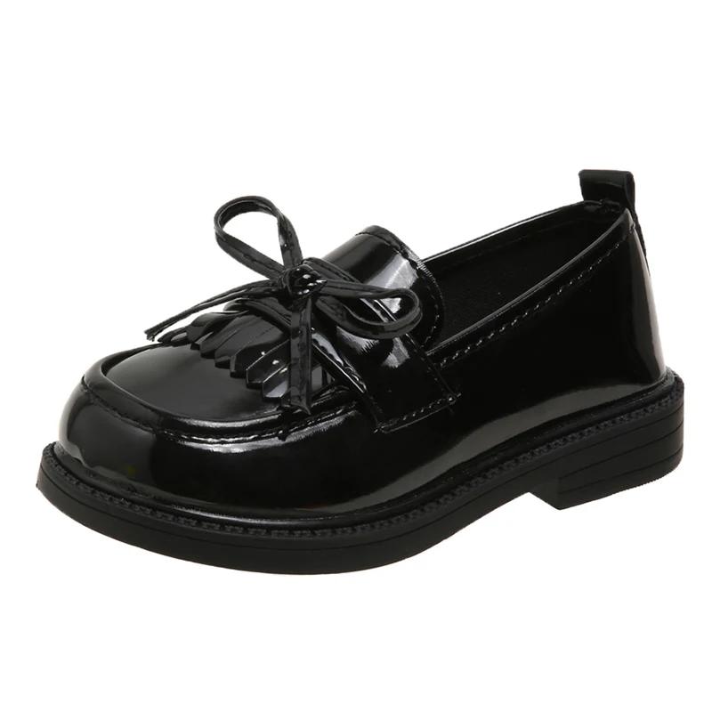 Mädchen Lederschuhe für Party Hochzeit Kinder Loafer für Schule Weiche Sohlen Einfache Kindermode Quasten Schleife Rutschfest Freizeitschuh 35 schwarz