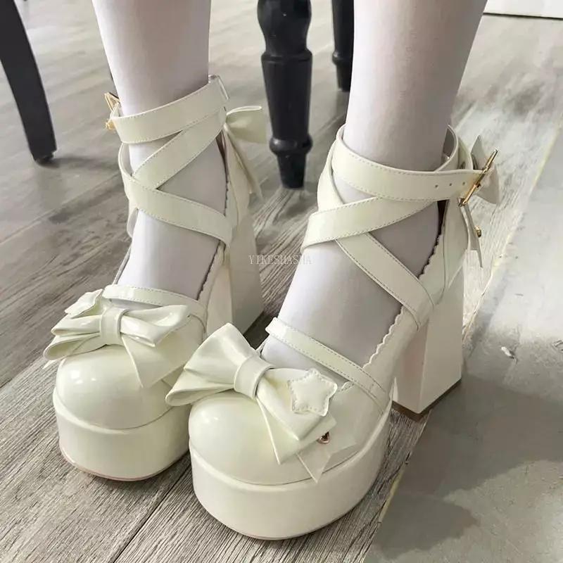 2024 neue süße Vintage Mary Janes Schuhe Frauen Stern Schnalle Lolita Kawaii Plattform Schuhe Weibliche Bogen-knoten Nette Designer Schuhe 39 weiß