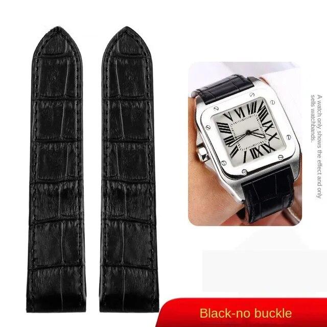 Uhrenarmband für Cartier Santos 100 Uhr 20mm 23mm Herren Damen Hochwertiges Rindslederarmband Faltschließe Echtes Lederarmband Black-no buckle  23mm